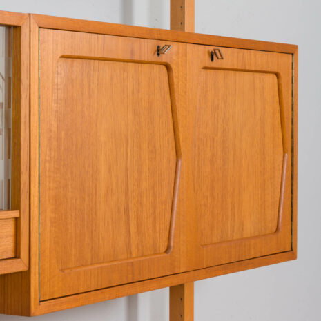 21431 Scandinavian Rival 2 bay free standing wall unit in teak with 3 cabinets, hidden bar cabinet and 2 shelves-23 Scandinavian Rival bay free standing wall unit in teak with cabinets hidden bar cabinet and shelves scaled