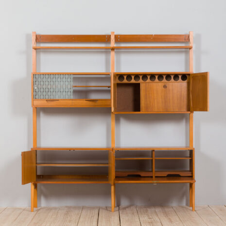21431 Scandinavian Rival 2 bay free standing wall unit in teak with 3 cabinets, hidden bar cabinet and 2 shelves-4 Scandinavian Rival bay free standing wall unit in teak with cabinets hidden bar cabinet and shelves scaled