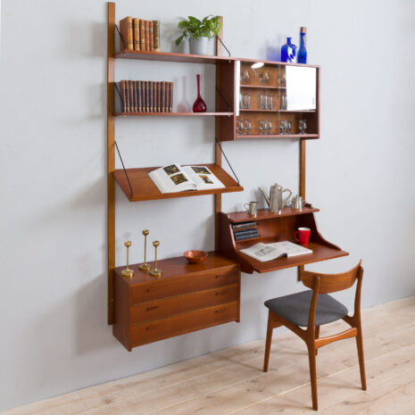 22014 Danish teak wall unit with a desk, attr. To Cadovius Sorensen, 1960s-3 Danish teak wall unit with a desk attr
