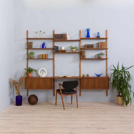 22030 Modular teak wall unit with 2 cabinets and home office desk space, PS Sorensen Cadovius shelving system, Denmark 60s-1 Modular teak wall unit with cabinets and home office desk space PS Sorensen Cadovius shelving system Denmark s