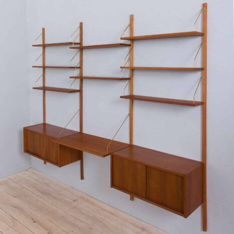 22030 Modular teak wall unit with 2 cabinets and home office desk space, PS Sorensen Cadovius shelving system, Denmark 60s-10 Modular teak wall unit with cabinets and home office desk space PS Sorensen Cadovius shelving system Denmark s