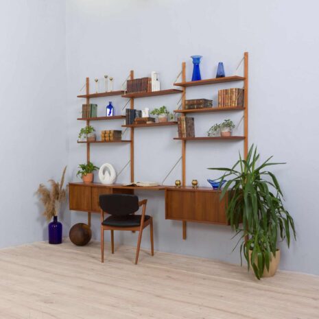 22030 Modular teak wall unit with 2 cabinets and home office desk space, PS Sorensen Cadovius shelving system, Denmark 60s-2 Modular teak wall unit with cabinets and home office desk space PS Sorensen Cadovius shelving system Denmark s
