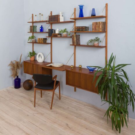 22030 Modular teak wall unit with 2 cabinets and home office desk space, PS Sorensen Cadovius shelving system, Denmark 60s-3 Modular teak wall unit with cabinets and home office desk space PS Sorensen Cadovius shelving system Denmark s