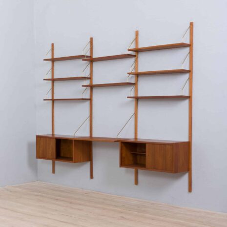 22030 Modular teak wall unit with 2 cabinets and home office desk space, PS Sorensen Cadovius shelving system, Denmark 60s-8 Modular teak wall unit with cabinets and home office desk space PS Sorensen Cadovius shelving system Denmark s