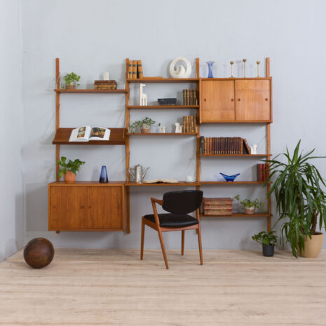 22077 Modular teak wall unit with 2 cabinets and home office desk, PS Sorensen Cadovius shelving system, Denmark 60s-1 Modular teak wall unit with cabinets and home office desk PS Sorensen Cadovius shelving system Denmark s scaled