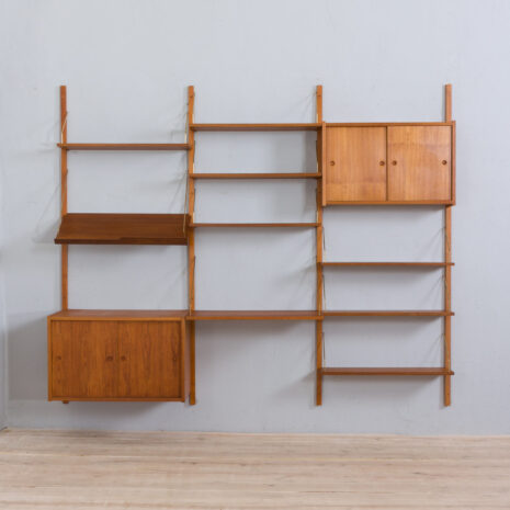 22077 Modular teak wall unit with 2 cabinets and home office desk, PS Sorensen Cadovius shelving system, Denmark 60s-3 Modular teak wall unit with cabinets and home office desk PS Sorensen Cadovius shelving system Denmark s scaled