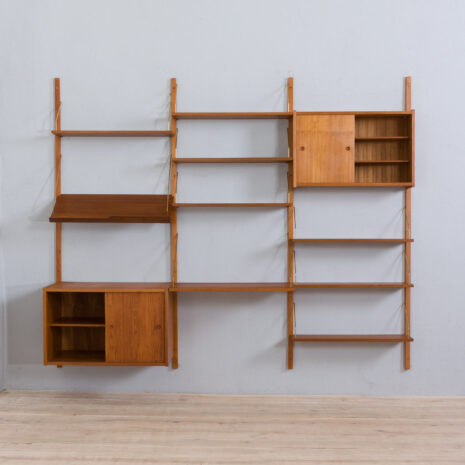 22077 Modular teak wall unit with 2 cabinets and home office desk, PS Sorensen Cadovius shelving system, Denmark 60s-5 Modular teak wall unit with cabinets and home office desk PS Sorensen Cadovius shelving system Denmark s scaled
