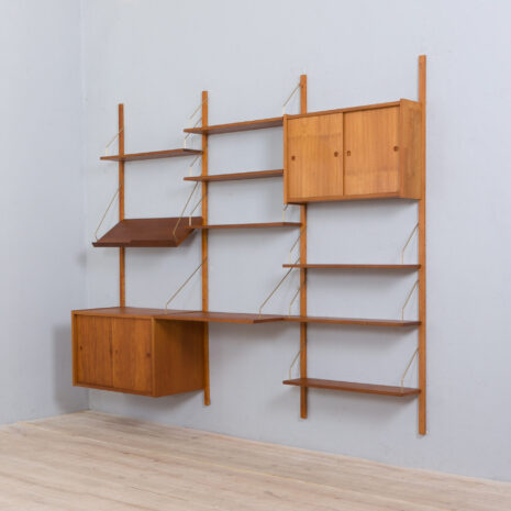 22077 Modular teak wall unit with 2 cabinets and home office desk, PS Sorensen Cadovius shelving system, Denmark 60s-8 Modular teak wall unit with cabinets and home office desk PS Sorensen Cadovius shelving system Denmark s scaled