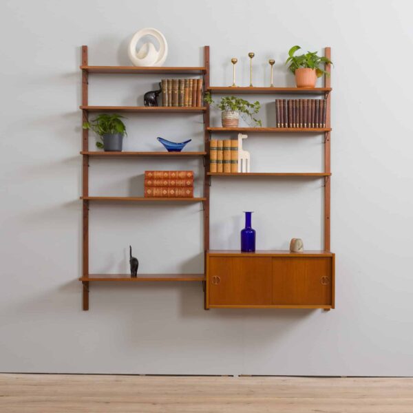 Danish teak wall unit with sliding door cabinet and  shelves in the style of Kurt Ostervig s