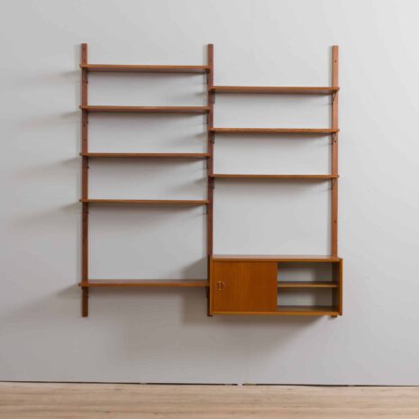 21395 Danish teak wall unit with sliding door cabinet and 8 shelves in the style of Kurt Ostervig, 1960s-24 Danish teak wall unit with sliding door cabinet and shelves in the style of Kurt Ostervig s