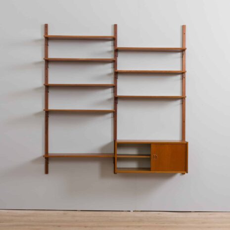 21395 Danish teak wall unit with sliding door cabinet and 8 shelves in the style of Kurt Ostervig, 1960s-25 Danish teak wall unit with sliding door cabinet and shelves in the style of Kurt Ostervig s