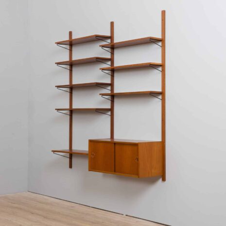 21395 Danish teak wall unit with sliding door cabinet and 8 shelves in the style of Kurt Ostervig, 1960s-26 Danish teak wall unit with sliding door cabinet and shelves in the style of Kurt Ostervig s