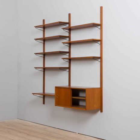 21395 Danish teak wall unit with sliding door cabinet and 8 shelves in the style of Kurt Ostervig, 1960s-27 Danish teak wall unit with sliding door cabinet and shelves in the style of Kurt Ostervig s