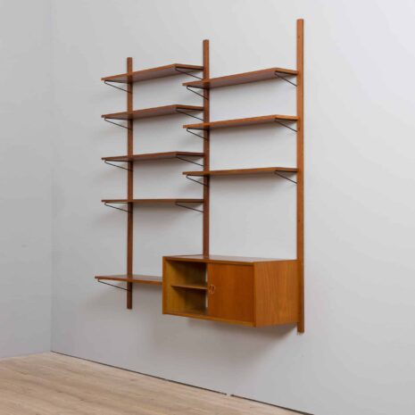 21395 Danish teak wall unit with sliding door cabinet and 8 shelves in the style of Kurt Ostervig, 1960s-28 Danish teak wall unit with sliding door cabinet and shelves in the style of Kurt Ostervig s