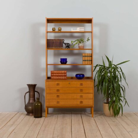 21435 Scandinavian mid century bookcase with chest of drawers in light teak, 1970s-1 Scandinavian mid century bookcase with chest of drawers in light teak s