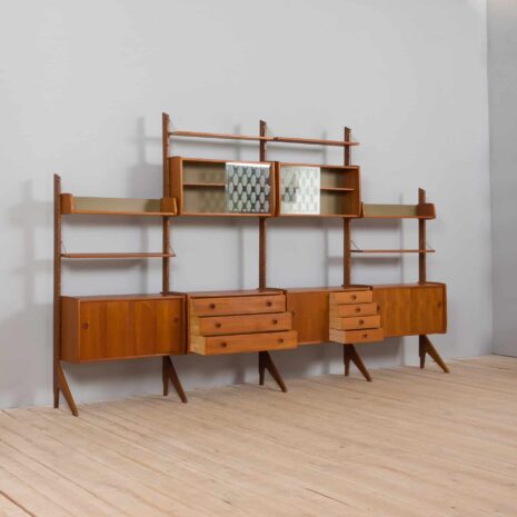 22122 Teak free standing 4 bay Ergo wall unit by John Texmon and Einar Blindheim, Norway 1960s-27 Teak free standing bay Ergo wall unit by John Texmon and Einar Blindheim Norway s