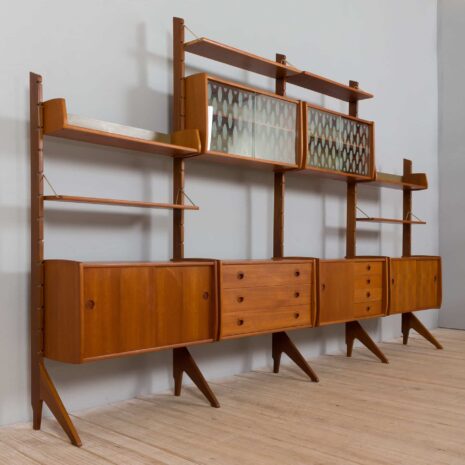 22122 Teak free standing 4 bay Ergo wall unit by John Texmon and Einar Blindheim, Norway 1960s-32 Teak free standing bay Ergo wall unit by John Texmon and Einar Blindheim Norway s
