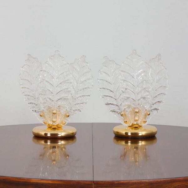 22144 Paire de lampes de table italiennes en verre de Murano en forme de feuille dans le style de Barovier et Tosso-1
