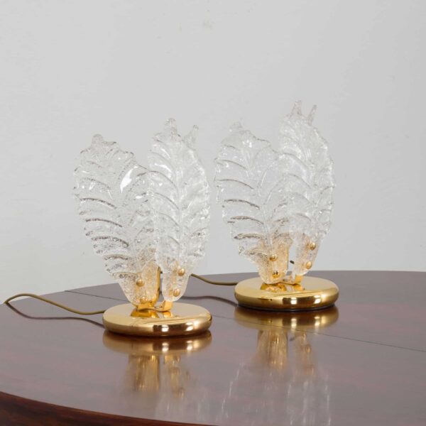 22144 Paire de lampes de table italiennes en verre de Murano en forme de feuille dans le style de Barovier et Tosso-1