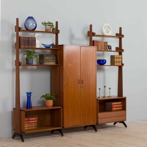 italian freestanding teak wall unit with a wardrobe by AV Arredamenti Contemporanei