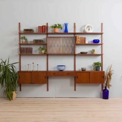 22164 Teak wall unit with 4 cabinets and modular shelving system by Sorensen Cadovius, Denmark 1960s-1 Teak wall unit with cabinets and modular shelving system by Sorensen Cadovius Denmark s