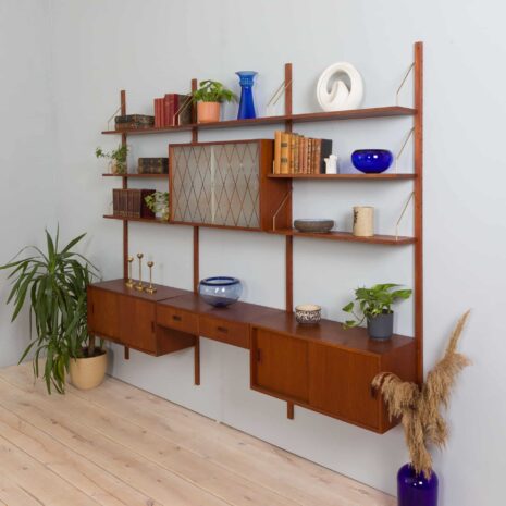 22164 Teak wall unit with 4 cabinets and modular shelving system by Sorensen Cadovius, Denmark 1960s-3 Teak wall unit with cabinets and modular shelving system by Sorensen Cadovius Denmark s