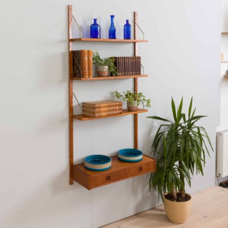 22165 Danish teak wall unit with a minimal deskshelf and 3 shelves in Cadovius Sorensen style-3 Danish teak wall unit with a minimal deskshelf and shelves in Cadovius Sorensen style