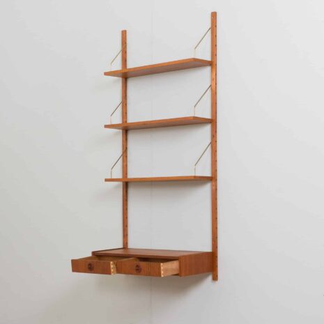 22165 Danish teak wall unit with a minimal deskshelf and 3 shelves in Cadovius Sorensen style-6 Danish teak wall unit with a minimal deskshelf and shelves in Cadovius Sorensen style