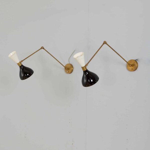Pair of Stilnovo style sconces Italian adjustable black and white wall lamps in brass