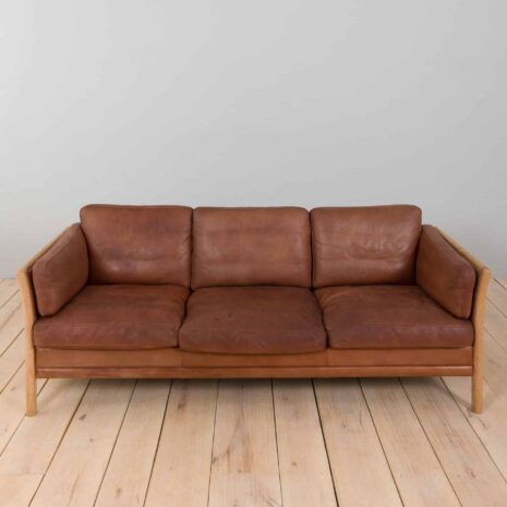 22215 Three seater Mid-Century Aniline Leather Sofa with oak frame Mogens Hansen, Denmark, 1970s-15 Three seater Mid Century Aniline Leather Sofa with oak frame Mogens Hansen Denmark s