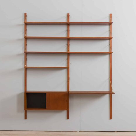zmodyfikowano 22100 Two bay Modular teak shelving system with a desk, Cadovius wall unit-5 zmodyfikowano Two bay Modular teak shelving system with a desk Cadovius wall unit