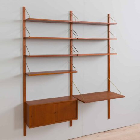 zmodyfikowano 22100 Two bay Modular teak shelving system with a desk, Cadovius wall unit-9 zmodyfikowano Two bay Modular teak shelving system with a desk Cadovius wall unit