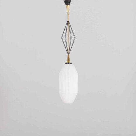 21378K Geometric Pendant Lamp with white Lattimo Murano glass by Angelo Lelli for Arredoluce, 1950s-1 K Geometric Pendant Lamp with white Lattimo Murano glass by Angelo Lelli for Arredoluce s