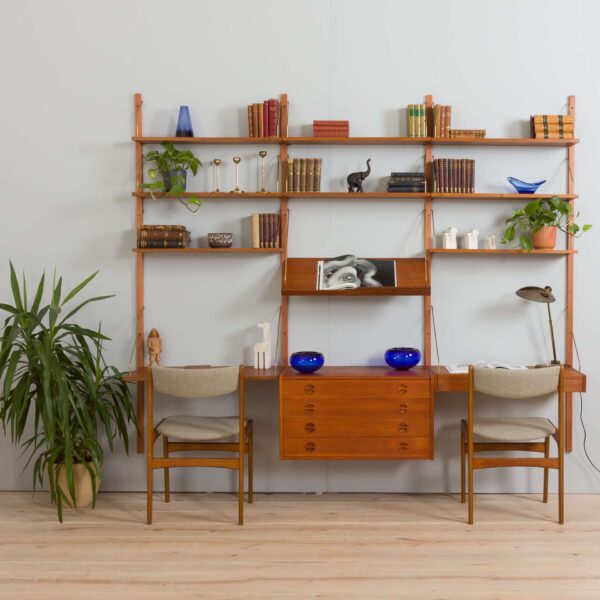 Three bay teak wall unit preben sorensen with a desk and display shelf