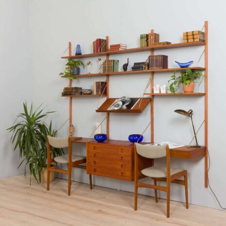 22259 Three bay teak wall unit preben sorensen with a desk and display shelf-2 Three bay teak wall unit preben sorensen with a desk and display shelf