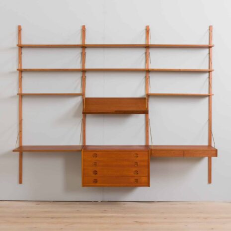 22259 Three bay teak wall unit preben sorensen with a desk and display shelf-3 Three bay teak wall unit preben sorensen with a desk and display shelf