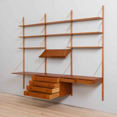 22259 Three bay teak wall unit preben sorensen with a desk and display shelf-5 Three bay teak wall unit preben sorensen with a desk and display shelf