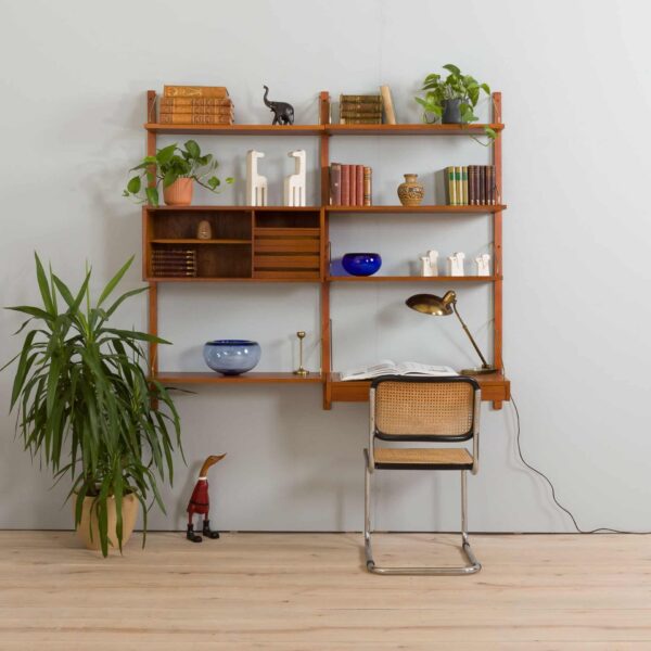 Two bay teak wall unit with a floating desk and Cadovius cabinet mid century modular shelving system Denmark s