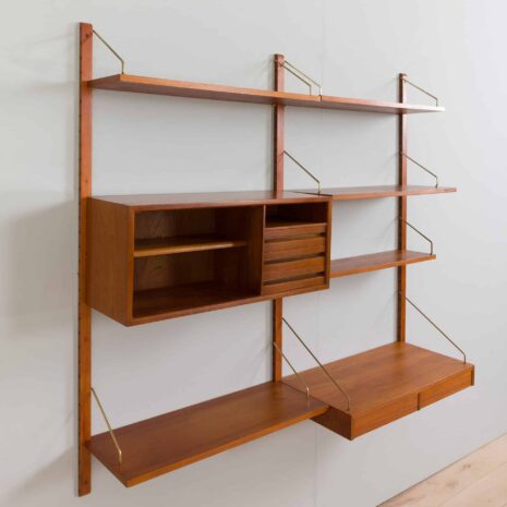 22261 Two bay teak wall unit with a floating desk and Cadovius cabinet, mid century modular shelving system, Denmark, 1960s-10 Two bay teak wall unit with a floating desk and Cadovius cabinet mid century modular shelving system Denmark s
