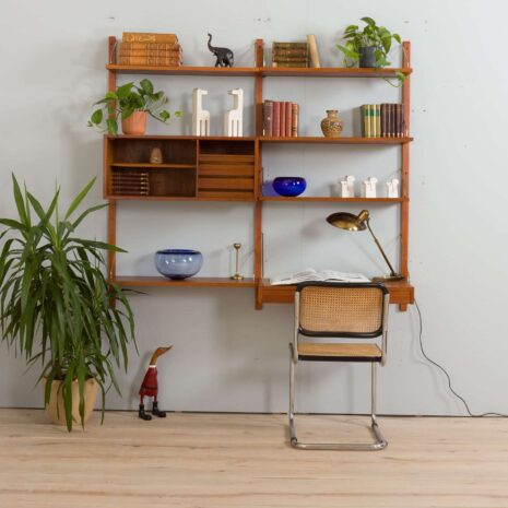 22261 Two bay teak wall unit with a floating desk and Cadovius cabinet, mid century modular shelving system, Denmark, 1960s-2 Two bay teak wall unit with a floating desk and Cadovius cabinet mid century modular shelving system Denmark s