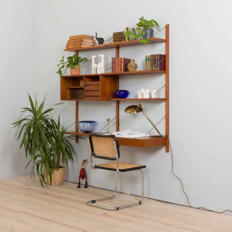 22261 Two bay teak wall unit with a floating desk and Cadovius cabinet, mid century modular shelving system, Denmark, 1960s-3 Two bay teak wall unit with a floating desk and Cadovius cabinet mid century modular shelving system Denmark s