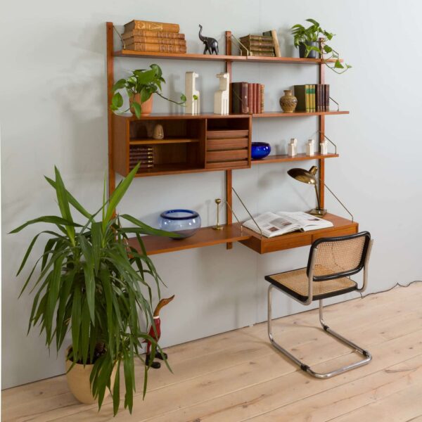 Two bay teak wall unit with a floating desk and Cadovius cabinet mid century modular shelving system Denmark s