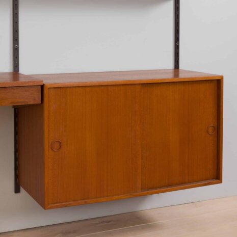 22267 Three bay teak wall unit with 2 cabinets and a home offifce desk by Kai Kristiansen-12 Three bay teak wall unit with cabinets and a home offifce desk by Kai Kristiansen