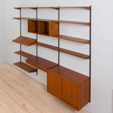 22267 Three bay teak wall unit with 2 cabinets and a home offifce desk by Kai Kristiansen-13 Three bay teak wall unit with cabinets and a home offifce desk by Kai Kristiansen