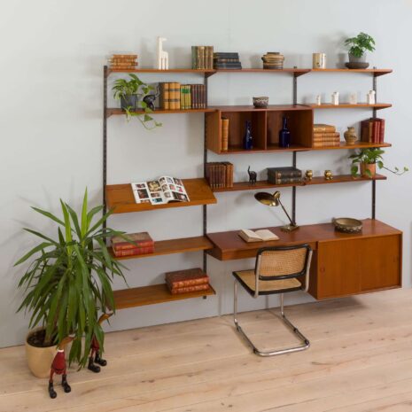 22267 Three bay teak wall unit with 2 cabinets and a home offifce desk by Kai Kristiansen-3 Three bay teak wall unit with cabinets and a home offifce desk by Kai Kristiansen