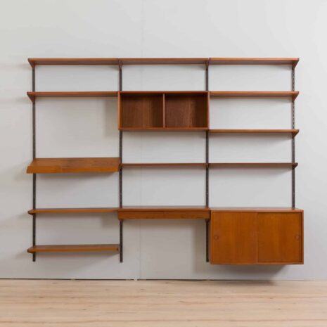 22267 Three bay teak wall unit with 2 cabinets and a home offifce desk by Kai Kristiansen-4 Three bay teak wall unit with cabinets and a home offifce desk by Kai Kristiansen