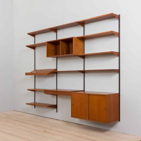 22267 Three bay teak wall unit with 2 cabinets and a home offifce desk by Kai Kristiansen-7 Three bay teak wall unit with cabinets and a home offifce desk by Kai Kristiansen