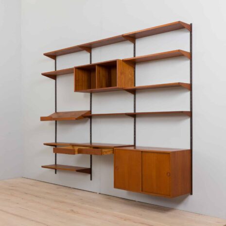 22267 Three bay teak wall unit with 2 cabinets and a home offifce desk by Kai Kristiansen-8 Three bay teak wall unit with cabinets and a home offifce desk by Kai Kristiansen