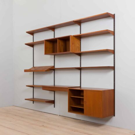 22267 Three bay teak wall unit with 2 cabinets and a home offifce desk by Kai Kristiansen-9 Three bay teak wall unit with cabinets and a home offifce desk by Kai Kristiansen