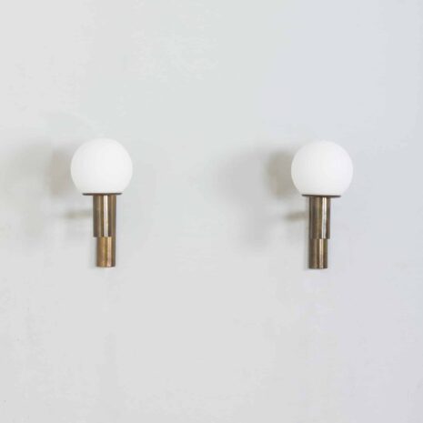 21375 Pair of Italian Sciolari brass wall sconces with white opaline glass spherical shades, 1960s-1 Pair of Italian Sciolari brass wall sconces with white opaline glass spherical shades s
